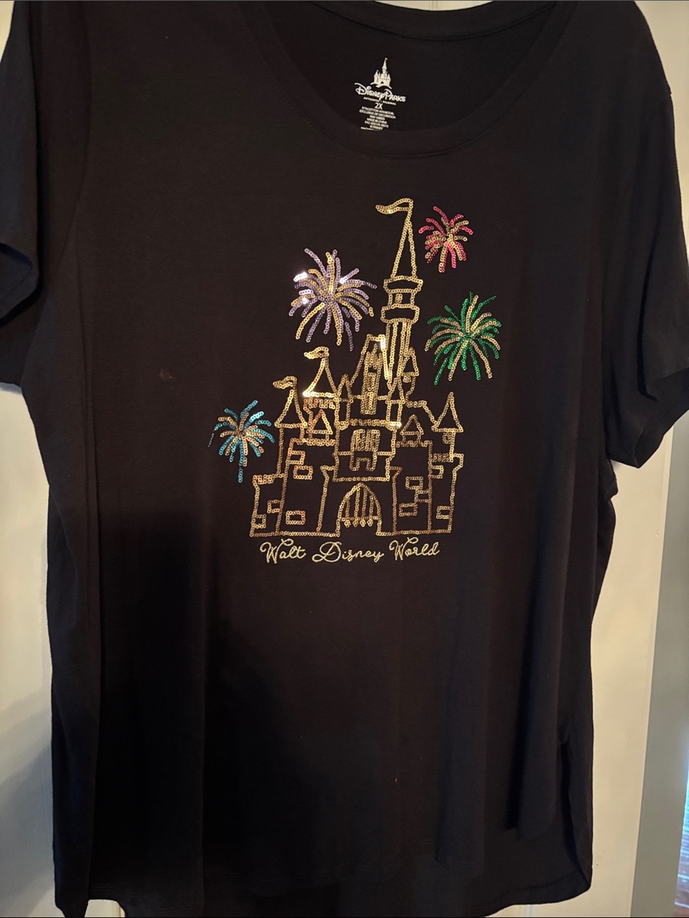 Disney Parks Black Tee with Gold Sequin Castle & Fireworks